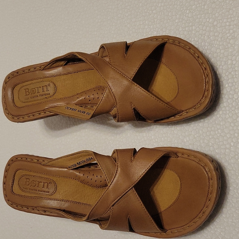 Born B8430 Womens Open Toe Slip-On Wedge Sandals Tan Size 8